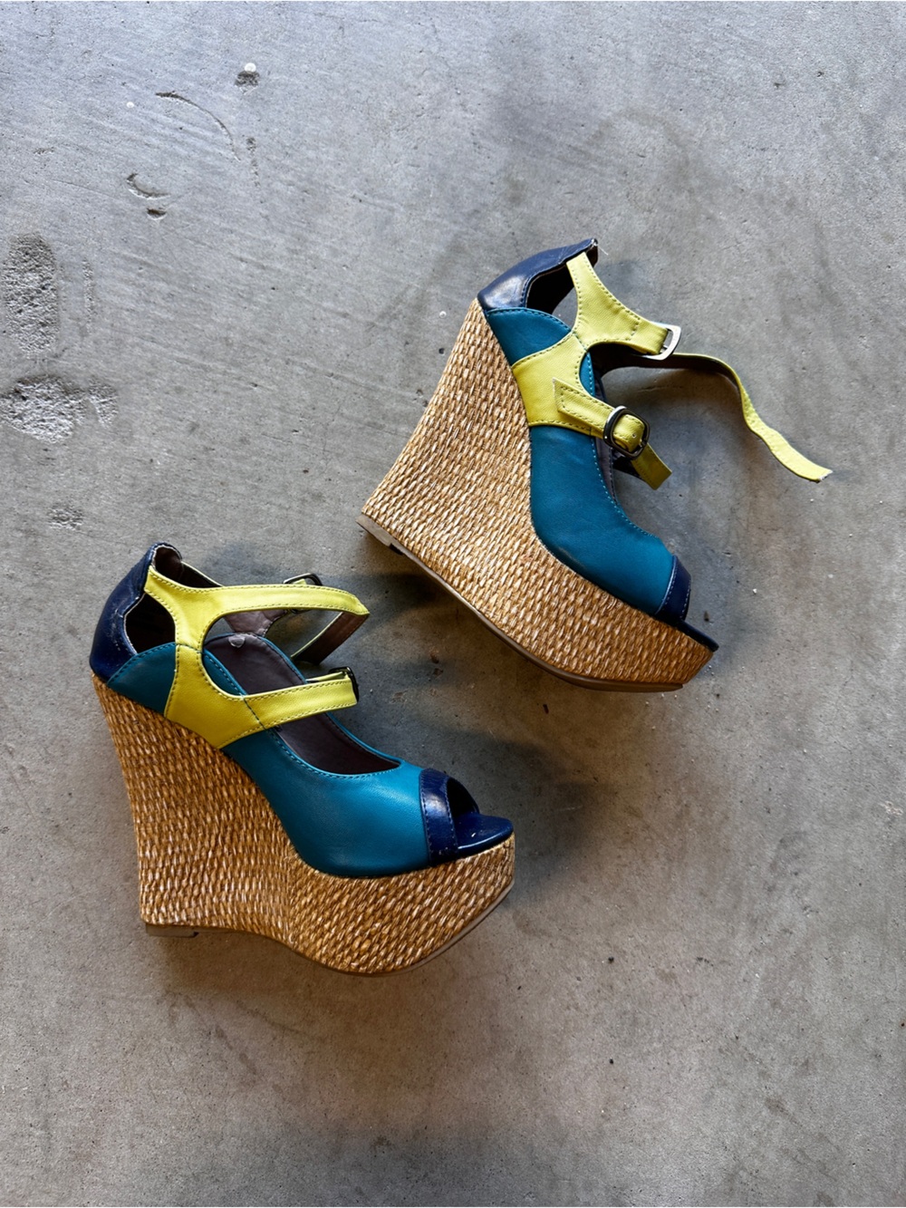 Color-Block Teal and Yellow Raffia Wedge Sandals